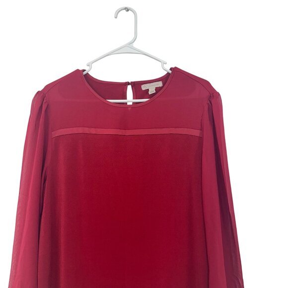 Established Women Red Sher Long Sleeve Pullover Blouse SZ L Spandex Keyhole Back - Picture 2 of 13